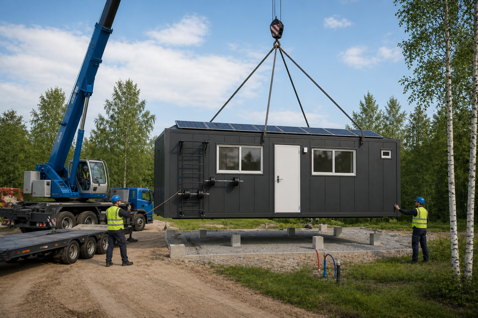Luna modular home being positioned by crane on a prepared site